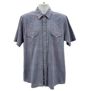 Vintage Miller Western Wear Pearl Snap Button Plaid Blue White Shirt Mens 17